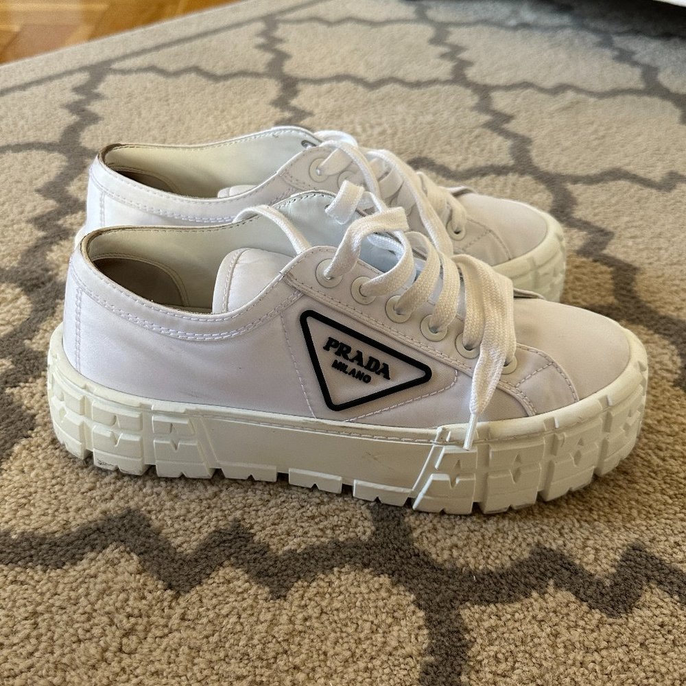 Prada Double Wheel Nylon Logo Gabardine Sneakers White 39